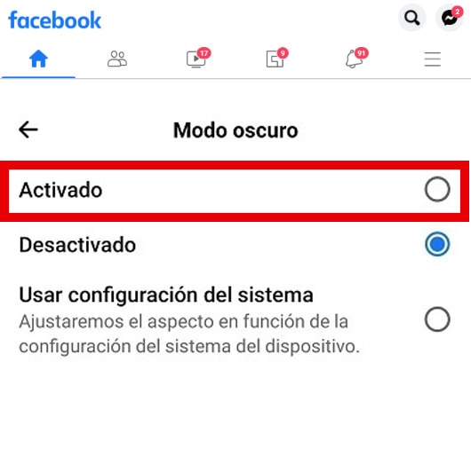 modo oscuro de Facebook en Android paso3