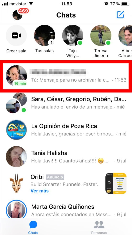 recuperar mensajes archivados de Messenger en móvil paso3